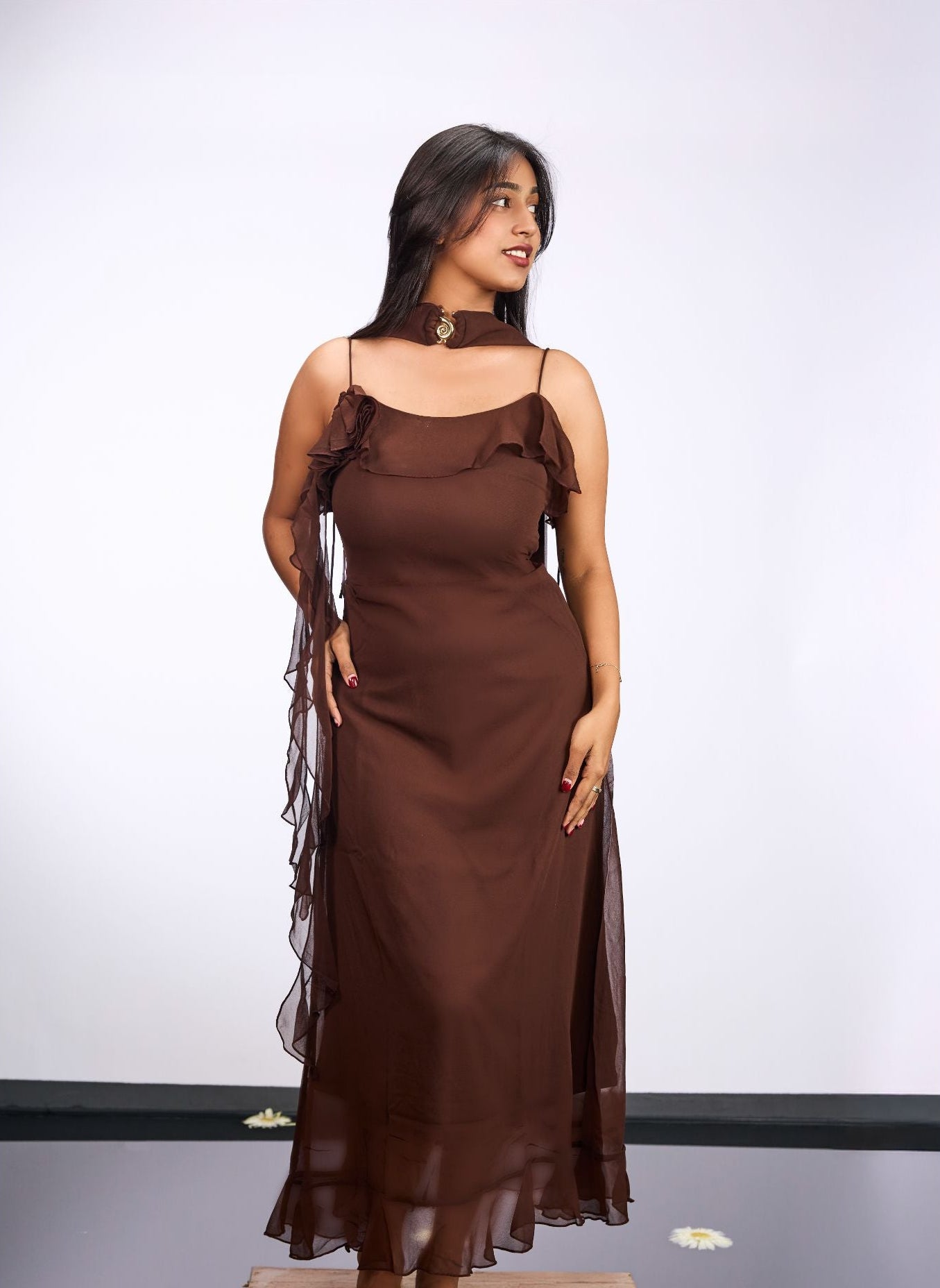 Brown Ruffle maxi dress with scarf