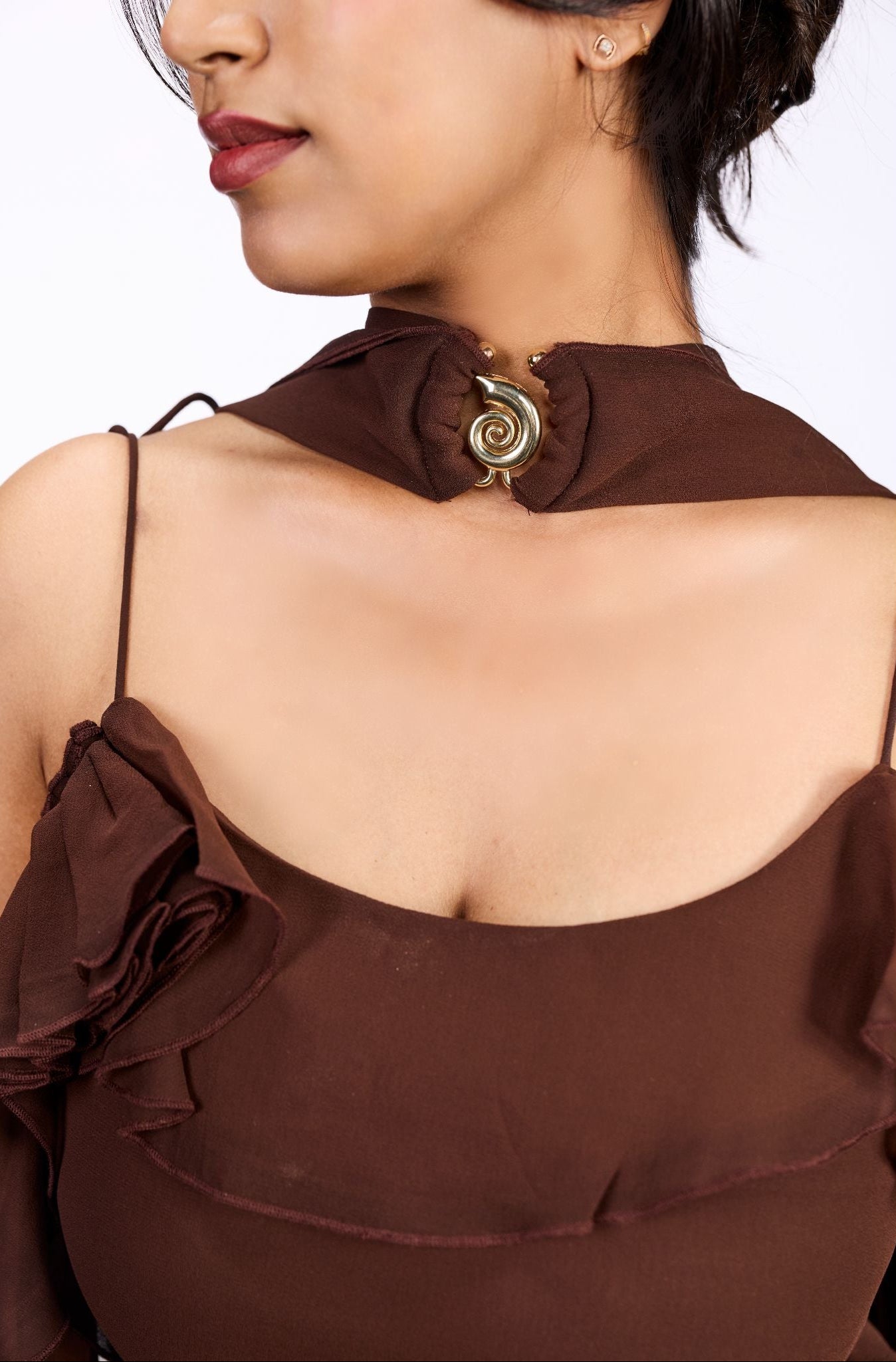 Brown Ruffle maxi dress with scarf